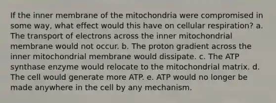 If the inner membrane of the mitochondria were compromised in some way, what effect would this have on <a href='https://www.questionai.com/knowledge/k1IqNYBAJw-cellular-respiration' class='anchor-knowledge'>cellular respiration</a>?​ a. ​The transport of electrons across the inner mitochondrial membrane would not occur. b. ​The proton gradient across the inner mitochondrial membrane would dissipate. c. ​The ATP synthase enzyme would relocate to the mitochondrial matrix. d. ​The cell would generate more ATP. e. ​ATP would no longer be made anywhere in the cell by any mechanism.