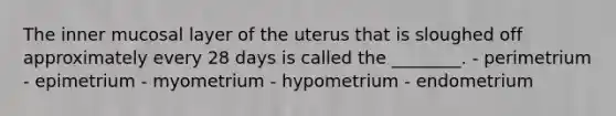 The inner mucosal layer of the uterus that is sloughed off approximately every 28 days is called the ________. - perimetrium - epimetrium - myometrium - hypometrium - endometrium