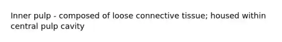 Inner pulp - composed of loose <a href='https://www.questionai.com/knowledge/kYDr0DHyc8-connective-tissue' class='anchor-knowledge'>connective tissue</a>; housed within central pulp cavity