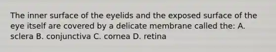 The inner surface of the eyelids and the exposed surface of the eye itself are covered by a delicate membrane called the: A. sclera B. conjunctiva C. cornea D. retina