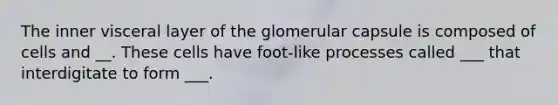 The inner visceral layer of the glomerular capsule is composed of cells and __. These cells have foot-like processes called ___ that interdigitate to form ___.