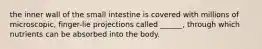 the inner wall of the small intestine is covered with millions of microscopic, finger-lie projections called ______, through which nutrients can be absorbed into the body.