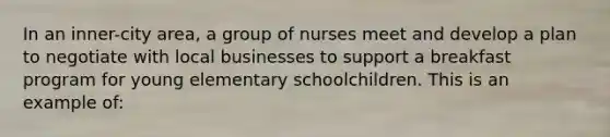 In an inner-city area, a group of nurses meet and develop a plan to negotiate with local businesses to support a breakfast program for young elementary schoolchildren. This is an example of: