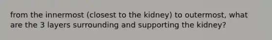 from the innermost (closest to the kidney) to outermost, what are the 3 layers surrounding and supporting the kidney?