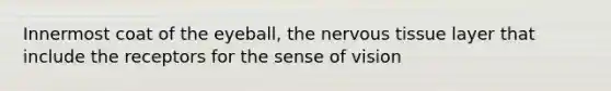 Innermost coat of the eyeball, the nervous tissue layer that include the receptors for the sense of vision