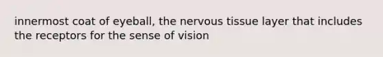 innermost coat of eyeball, the nervous tissue layer that includes the receptors for the sense of vision