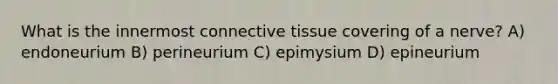 What is the innermost <a href='https://www.questionai.com/knowledge/kYDr0DHyc8-connective-tissue' class='anchor-knowledge'>connective tissue</a> covering of a nerve? A) endoneurium B) perineurium C) epimysium D) epineurium