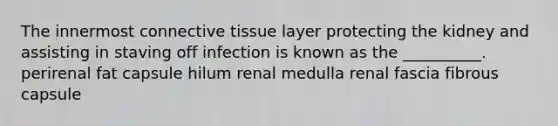 The innermost <a href='https://www.questionai.com/knowledge/kYDr0DHyc8-connective-tissue' class='anchor-knowledge'>connective tissue</a> layer protecting the kidney and assisting in staving off infection is known as the __________. perirenal fat capsule hilum renal medulla renal fascia fibrous capsule