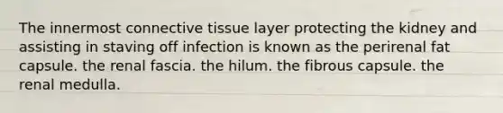 The innermost <a href='https://www.questionai.com/knowledge/kYDr0DHyc8-connective-tissue' class='anchor-knowledge'>connective tissue</a> layer protecting the kidney and assisting in staving off infection is known as the perirenal fat capsule. the renal fascia. the hilum. the fibrous capsule. the renal medulla.