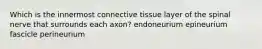 Which is the innermost connective tissue layer of the spinal nerve that surrounds each axon? endoneurium epineurium fascicle perineurium