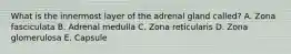 What is the innermost layer of the adrenal gland called? A. Zona fasciculata B. Adrenal medulla C. Zona reticularis D. Zona glomerulosa E. Capsule