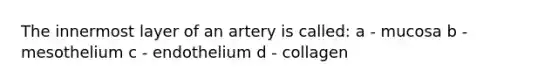 The innermost layer of an artery is called: a - mucosa b - mesothelium c - endothelium d - collagen