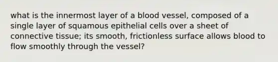 what is the innermost layer of a blood vessel, composed of a single layer of squamous epithelial cells over a sheet of connective tissue; its smooth, frictionless surface allows blood to flow smoothly through the vessel?