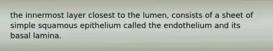 the innermost layer closest to the lumen, consists of a sheet of simple squamous epithelium called the endothelium and its basal lamina.