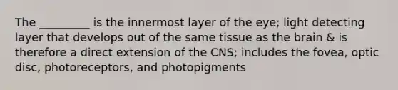 The _________ is the innermost layer of the eye; light detecting layer that develops out of the same tissue as the brain & is therefore a direct extension of the CNS; includes the fovea, optic disc, photoreceptors, and photopigments