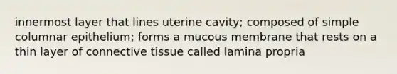 innermost layer that lines uterine cavity; composed of simple columnar epithelium; forms a mucous membrane that rests on a thin layer of connective tissue called lamina propria