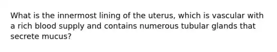 What is the innermost lining of the uterus, which is vascular with a rich blood supply and contains numerous tubular glands that secrete mucus?