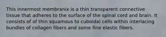 This innermost membranix is a thin transparent <a href='https://www.questionai.com/knowledge/kYDr0DHyc8-connective-tissue' class='anchor-knowledge'>connective tissue</a> that adheres to the surface of the spinal cord and brain. It consists of of thin squamous to cuboidal cells within interlacing bundles of collagen fibers and some fine elastic fibers.