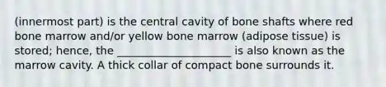 (innermost part) is the central cavity of bone shafts where red bone marrow and/or yellow bone marrow (adipose tissue) is stored; hence, the _____________________ is also known as the marrow cavity. A thick collar of compact bone surrounds it.