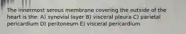 The innermost serous membrane covering the outside of the heart is the: A) synovial layer B) visceral pleura C) parietal pericardium D) peritoneum E) visceral pericardium