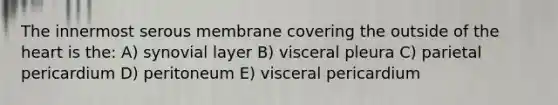 The innermost serous membrane covering the outside of the heart is the: A) synovial layer B) visceral pleura C) parietal pericardium D) peritoneum E) visceral pericardium