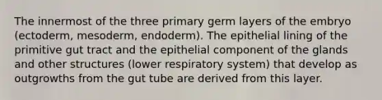 The innermost of the three primary germ layers of the embryo (ectoderm, mesoderm, endoderm). The epithelial lining of the primitive gut tract and the epithelial component of the glands and other structures (lower respiratory system) that develop as outgrowths from the gut tube are derived from this layer.