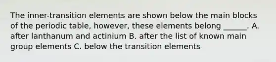 The inner-transition elements are shown below the main blocks of the periodic table, however, these elements belong ______. A. after lanthanum and actinium B. after the list of known main group elements C. below the transition elements