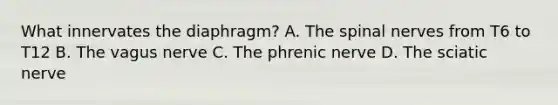 What innervates the diaphragm? A. The spinal nerves from T6 to T12 B. The vagus nerve C. The phrenic nerve D. The sciatic nerve