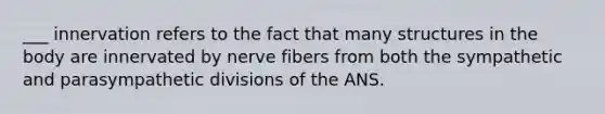 ___ innervation refers to the fact that many structures in the body are innervated by nerve fibers from both the sympathetic and parasympathetic divisions of the ANS.