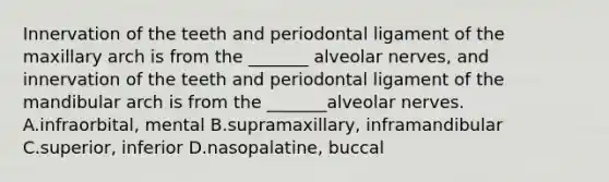 Innervation of the teeth and periodontal ligament of the maxillary arch is from the _______ alveolar nerves, and innervation of the teeth and periodontal ligament of the mandibular arch is from the _______alveolar nerves. A.infraorbital, mental B.supramaxillary, inframandibular C.superior, inferior D.nasopalatine, buccal