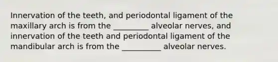 Innervation of the teeth, and periodontal ligament of the maxillary arch is from the _________ alveolar nerves, and innervation of the teeth and periodontal ligament of the mandibular arch is from the __________ alveolar nerves.