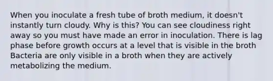 When you inoculate a fresh tube of broth medium, it doesn't instantly turn cloudy. Why is this? You can see cloudiness right away so you must have made an error in inoculation. There is lag phase before growth occurs at a level that is visible in the broth Bacteria are only visible in a broth when they are actively metabolizing the medium.