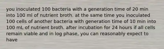 you inoculated 100 bacteria with a generation time of 20 min into 100 ml of nutrient broth. at the same time you inoculated 100 cells of another bacteria with generation time of 10 min into 100 mL of nutrient broth. after incubation for 24 hours if all cells remain viable and in log phase, you can reasonably expect to have