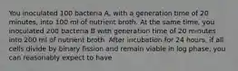 You inoculated 100 bacteria A, with a generation time of 20 minutes, into 100 ml of nutrient broth. At the same time, you inoculated 200 bacteria B with generation time of 20 minutes into 200 ml of nutrient broth. After incubation for 24 hours, if all cells divide by binary fission and remain viable in log phase, you can reasonably expect to have