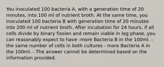 You inoculated 100 bacteria A, with a generation time of 20 minutes, into 100 ml of nutrient broth. At the same time, you inoculated 100 bacteria B with generation time of 20 minutes into 200 ml of nutrient broth. After incubation for 24 hours, if all cells divide by binary fission and remain viable in log phase, you can reasonably expect to have -more Bacteria B in the 100ml. - the same number of cells in both cultures - more Bacteria A in the 100ml. - The answer cannot be determined based on the information provided.