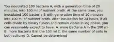 You inoculated 100 bacteria A, with a generation time of 20 minutes, into 100 ml of nutrient broth. At the same time, you inoculated 100 bacteria B with generation time of 10 minutes into 100 ml of nutrient broth. After incubation for 24 hours, if all cells divide by binary fission and remain viable in log phase, you can reasonably expect to have: A. more Bacteria A in the 100 ml B. more Bacteria B in the 100 ml C. the same number of cells in both cultures D. Cannot be determined