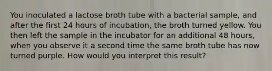 You inoculated a lactose broth tube with a bacterial sample, and after the first 24 hours of ‭incubation, the broth turned yellow. You then left the sample in the incubator for an additional ‭48 hours, when you observe it a second time the same broth tube has now turned purple. How ‭would you interpret this result?‭