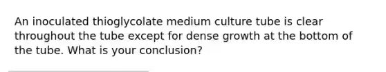 An inoculated thioglycolate medium culture tube is clear throughout the tube except for dense growth at the bottom of the tube. What is your conclusion?