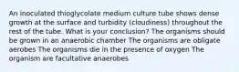 An inoculated thioglycolate medium culture tube shows dense growth at the surface and turbidity (cloudiness) throughout the rest of the tube. What is your conclusion? The organisms should be grown in an anaerobic chamber The organisms are obligate aerobes The organisms die in the presence of oxygen The organism are facultative anaerobes