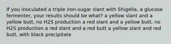 If you inoculated a triple iron-sugar slant with Shigella, a glucose fermenter, your results should be what? a yellow slant and a yellow butt, no H2S production a red slant and a yellow butt, no H2S production a red slant and a red butt a yellow slant and red butt, with black precipitate