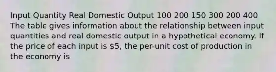 Input Quantity Real Domestic Output 100 200 150 300 200 400 The table gives information about the relationship between input quantities and real domestic output in a hypothetical economy. If the price of each input is 5, the per-unit cost of production in the economy is