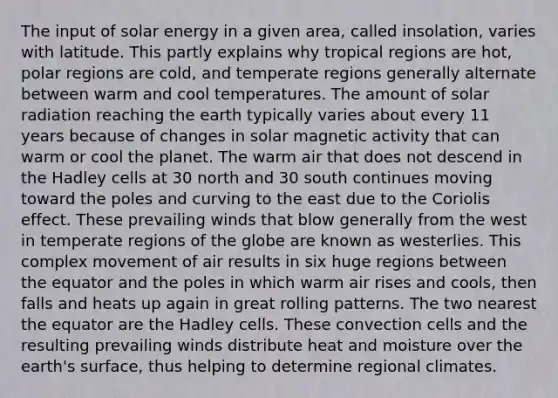 The input of solar energy in a given area, called insolation, varies with latitude. This partly explains why tropical regions are hot, polar regions are cold, and temperate regions generally alternate between warm and cool temperatures. The amount of solar radiation reaching the earth typically varies about every 11 years because of changes in solar magnetic activity that can warm or cool the planet. The warm air that does not descend in the Hadley cells at 30 north and 30 south continues moving toward the poles and curving to the east due to the Coriolis effect. These prevailing winds that blow generally from the west in temperate regions of the globe are known as westerlies. This complex movement of air results in six huge regions between the equator and the poles in which warm air rises and cools, then falls and heats up again in great rolling patterns. The two nearest the equator are the Hadley cells. These convection cells and the resulting prevailing winds distribute heat and moisture over the earth's surface, thus helping to determine regional climates.