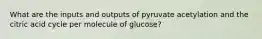 What are the inputs and outputs of pyruvate acetylation and the citric acid cycle per molecule of glucose?