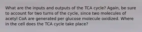 What are the inputs and outputs of the TCA cycle? Again, be sure to account for two turns of the cycle, since two molecules of acetyl CoA are generated per glucose molecule oxidized. Where in the cell does the TCA cycle take place?