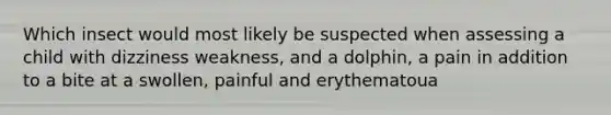 Which insect would most likely be suspected when assessing a child with dizziness weakness, and a dolphin, a pain in addition to a bite at a swollen, painful and erythematoua