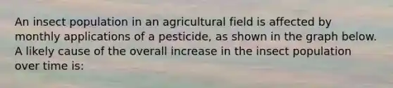 An insect population in an agricultural field is affected by monthly applications of a pesticide, as shown in the graph below. A likely cause of the overall increase in the insect population over time is: