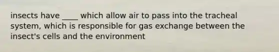 insects have ____ which allow air to pass into the tracheal system, which is responsible for gas exchange between the insect's cells and the environment