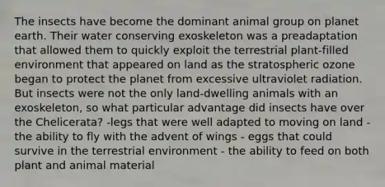 The insects have become the dominant animal group on planet earth. Their water conserving exoskeleton was a preadaptation that allowed them to quickly exploit the terrestrial plant-filled environment that appeared on land as the stratospheric ozone began to protect the planet from excessive ultraviolet radiation. But insects were not the only land-dwelling animals with an exoskeleton, so what particular advantage did insects have over the Chelicerata? -legs that were well adapted to moving on land - the ability to fly with the advent of wings - eggs that could survive in the terrestrial environment - the ability to feed on both plant and animal material