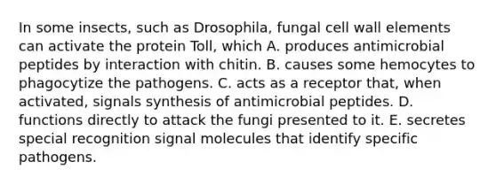 In some insects, such as Drosophila, fungal cell wall elements can activate the protein Toll, which A. produces antimicrobial peptides by interaction with chitin. B. causes some hemocytes to phagocytize the pathogens. C. acts as a receptor that, when activated, signals synthesis of antimicrobial peptides. D. functions directly to attack the fungi presented to it. E. secretes special recognition signal molecules that identify specific pathogens.