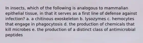 In insects, which of the following is analogous to mammalian epithelial tissue, in that it serves as a first line of defense against infection? a. a chitinous exoskeleton b. lysozymes c. hemocytes that engage in phagocytosis d. the production of chemicals that kill microbes e. the production of a distinct class of antimicrobial peptides